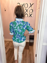Load image into Gallery viewer, Green &amp; Blue Floral Print Ruffle Sleeve &amp; Neckline Top
