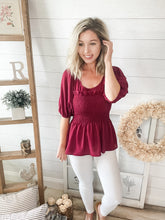 Load image into Gallery viewer, Burgundy Smocked Peplum Top
