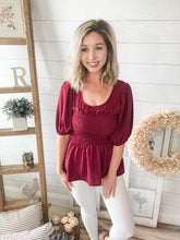 Load image into Gallery viewer, Burgundy Smocked Peplum Top
