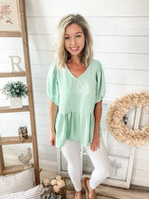 Load image into Gallery viewer, Mint V Neck Bubble Sleeve Top
