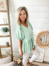 Load image into Gallery viewer, Mint V Neck Bubble Sleeve Top
