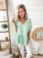 Load image into Gallery viewer, Mint V Neck Bubble Sleeve Top
