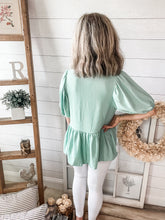 Load image into Gallery viewer, Mint V Neck Bubble Sleeve Top
