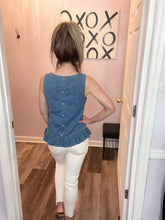 Load image into Gallery viewer, Denim Blue Ruffle Hem Button Down Back Peplum Top
