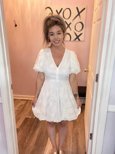 White Floral Puff Sleeve Dress