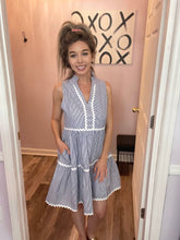 Load image into Gallery viewer, Blue Seersucker Inspired With White Ric Rac Trim Dress
