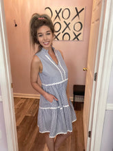 Load image into Gallery viewer, Blue Seersucker Inspired With White Ric Rac Trim Dress
