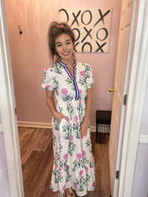 Load image into Gallery viewer, White Multi-Colored Floral Design With Pink &amp; Blue V Neckline Trim Maxi Dress

