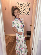 Load image into Gallery viewer, White Multi-Colored Floral Design With Pink &amp; Blue V Neckline Trim Maxi Dress
