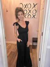 Load image into Gallery viewer, Black Smocked Upper Half Ruffle Sleeve Maxi Dress

