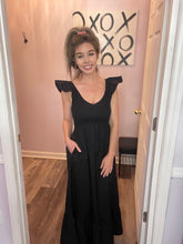 Load image into Gallery viewer, Black Smocked Upper Half Ruffle Sleeve Maxi Dress
