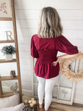 Load image into Gallery viewer, Burgundy Smocked Peplum Top
