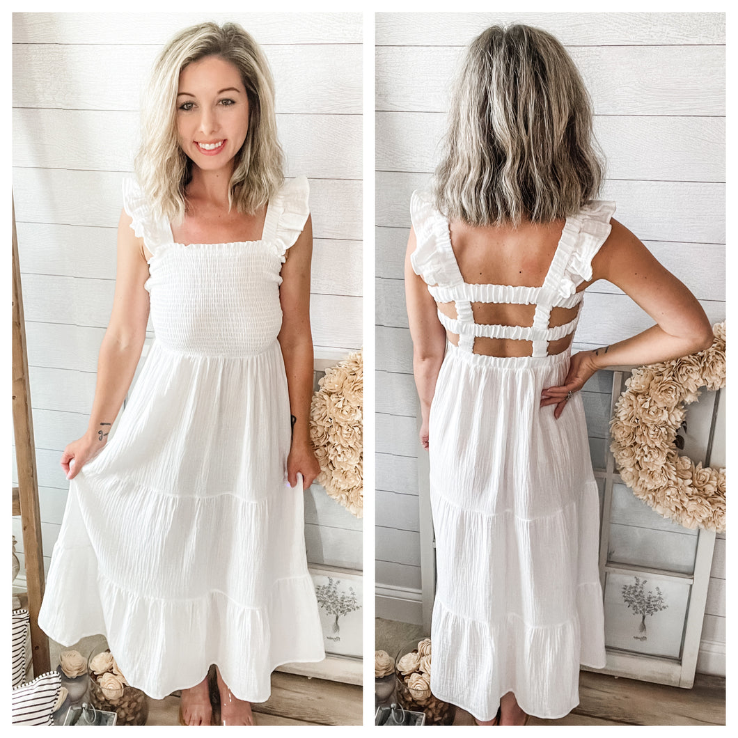 White Open Back Crossed Cotton Midi Dress