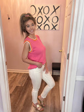 Load image into Gallery viewer, Pink With Orange &amp; White Trim Pearl Embellished Knit Top
