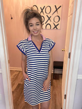 Load image into Gallery viewer, Blue &amp; Ivory Striped With Pink Lining V Neck Dress
