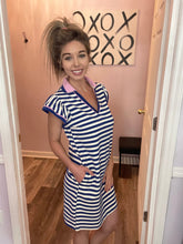 Load image into Gallery viewer, Blue &amp; Ivory Striped With Pink Lining V Neck Dress
