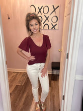 Load image into Gallery viewer, Garnet Mesh Ruffled Sleeve Ribbed V Neck Top
