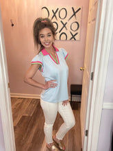 Load image into Gallery viewer, Blue With Pink &amp; Green Trim Colored Top
