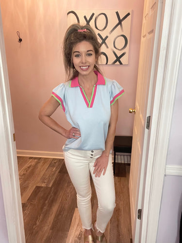 Blue With Pink & Green Trim Colored Top