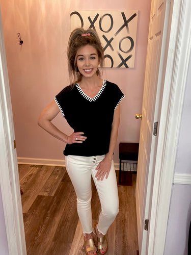 Black & White Striped Trim V Neck Knitted Top