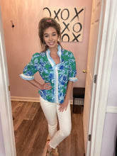Load image into Gallery viewer, Green &amp; Blue Floral Print Ruffle Sleeve &amp; Neckline Top
