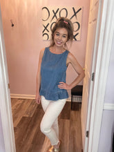 Load image into Gallery viewer, Denim Blue Ruffle Hem Button Down Back Peplum Top
