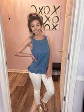Load image into Gallery viewer, Denim Blue Ruffle Hem Button Down Back Peplum Top
