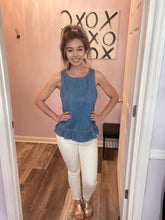 Load image into Gallery viewer, Denim Blue Ruffle Hem Button Down Back Peplum Top
