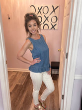 Load image into Gallery viewer, Denim Blue Ruffle Hem Button Down Back Peplum Top
