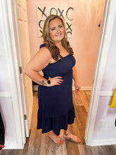 Load image into Gallery viewer, Plus Size Navy Tie Strap Smocked Dress
