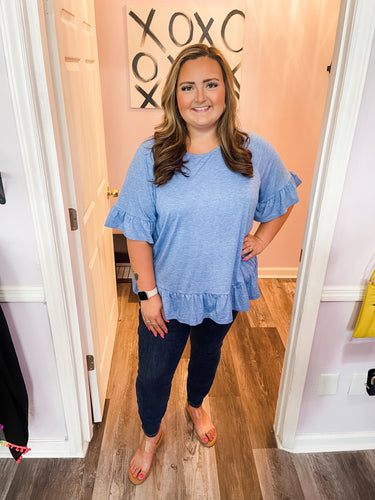 Plus Size Mineral Washed Blue Ruffled Sleeve top (Sizes: 1XL-4XL)