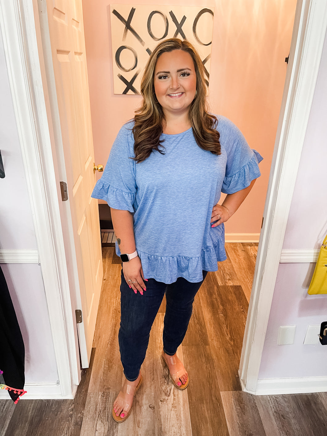Plus Size Mineral Washed Blue Ruffled Sleeve top (Sizes: 1XL-4XL)