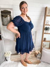Load image into Gallery viewer, Plus Size Navy Swiss Dot Smocked Dress
