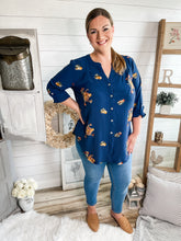 Load image into Gallery viewer, Plus Size Navy Embroidered Floral Buttoned Top
