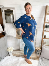 Load image into Gallery viewer, Plus Size Navy Embroidered Floral Buttoned Top
