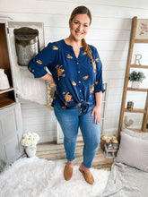 Load image into Gallery viewer, Plus Size Navy Embroidered Floral Buttoned Top
