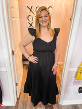 Load image into Gallery viewer, Black Smocked Upper Half Ruffle Sleeve Maxi Dress
