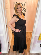 Load image into Gallery viewer, Black Smocked Upper Half Ruffle Sleeve Maxi Dress
