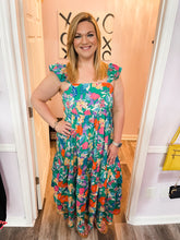 Load image into Gallery viewer, Green Multi-Colored Floral Print Tiered Maxi Dress
