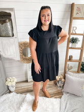 Load image into Gallery viewer, Plus Size Black Ruffle Sleeve Tiered Crepe Dress
