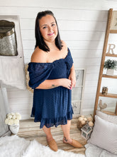 Load image into Gallery viewer, Plus Size Navy Swiss Dot Smocked Dress
