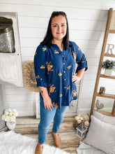 Load image into Gallery viewer, Plus Size Navy Embroidered Floral Buttoned Top
