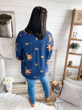 Load image into Gallery viewer, Plus Size Navy Embroidered Floral Buttoned Top
