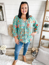 Load image into Gallery viewer, Plus Size Turquoise Floral And Paisley Print Top
