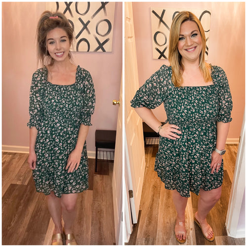 Dark Green Floral Print Smocked Upper Half Dress