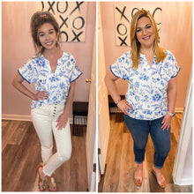 Load image into Gallery viewer, Blue &amp; White Floral With Blue Scalloped Trim Top
