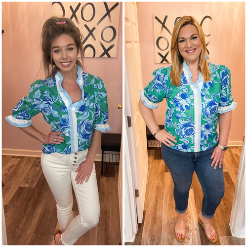 Green & Blue Floral Print Ruffle Sleeve & Neckline Top