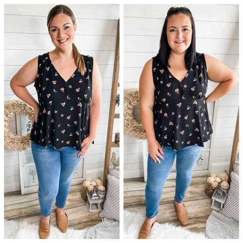 Plus Size Black Floral Print Tie Back Top