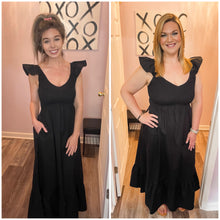 Load image into Gallery viewer, Black Smocked Upper Half Ruffle Sleeve Maxi Dress
