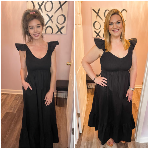 Black Smocked Upper Half Ruffle Sleeve Maxi Dress
